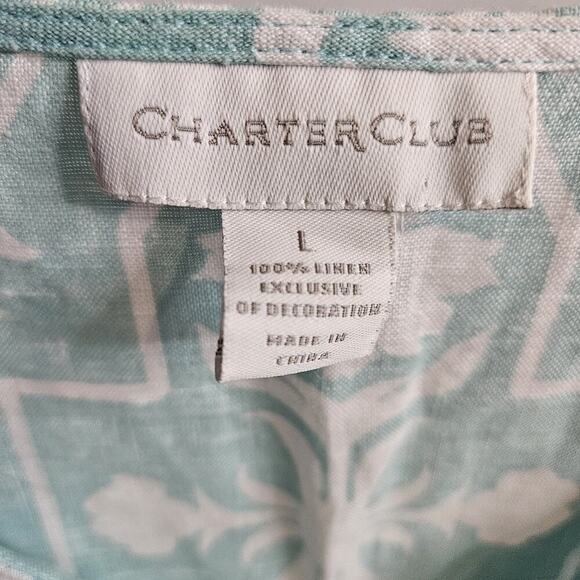Charter Club Linen Top Womens L Aqua Blue White Floral Tunic Boho Coastal Beachy - Picture 8 of 9